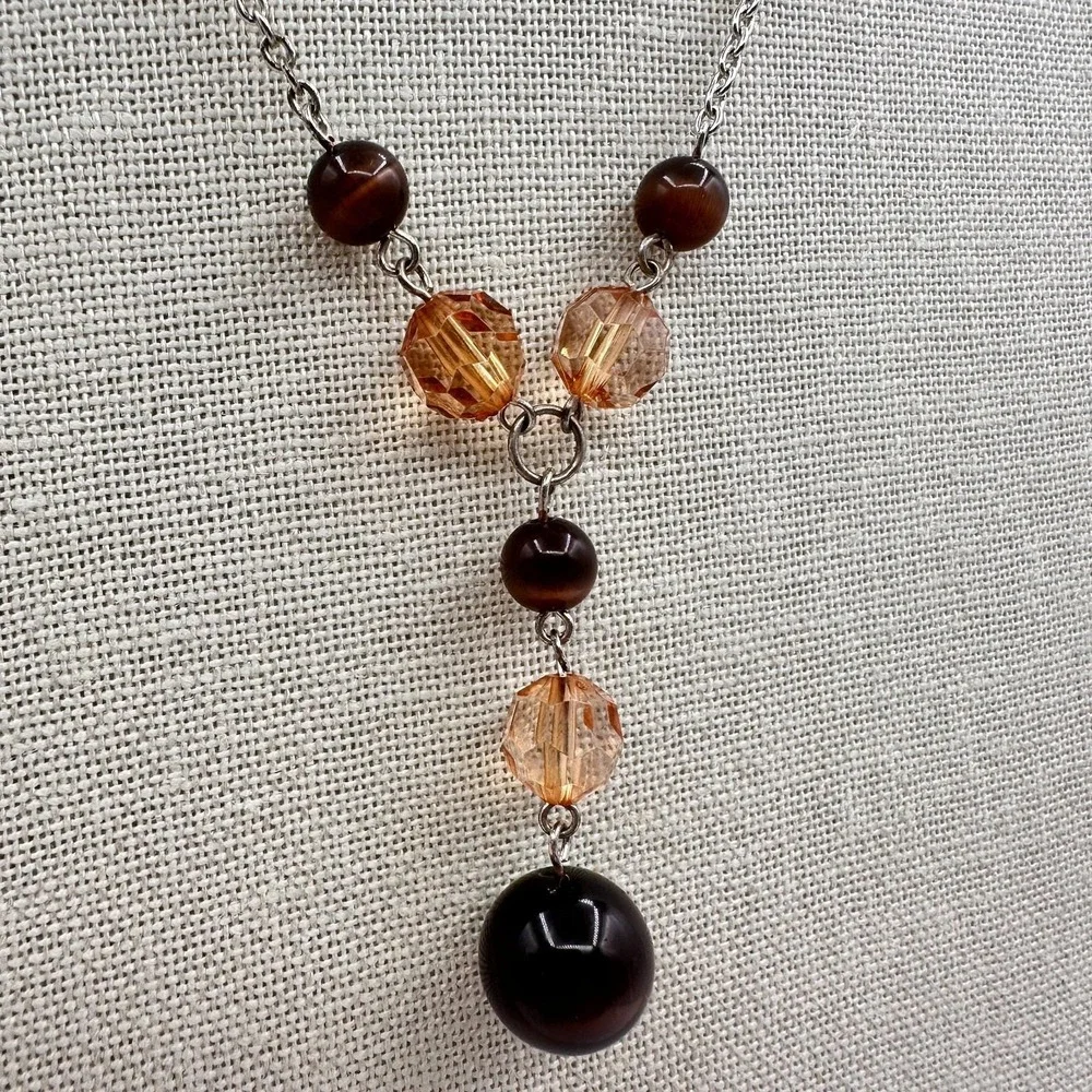 Vintage Y2K Silver Tone‎ Beaded Y-Drop Necklace Boho Statement Women's Jewelry